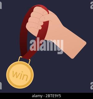 Hand with golden medal on blue background. Contest achievement, victory. Winner medal business concept. Handdrawn vector flat style. Stock Vector