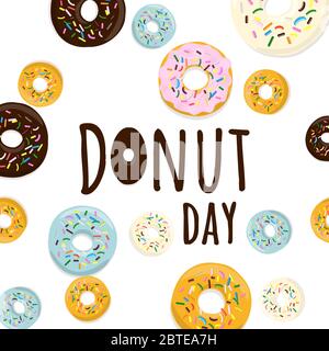 Sweet donut set of traditional american sweet dessert in cartoon style isolated on a white background with text Donut day, Vector Stock Vector