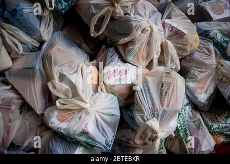 Barcelona, Spain. 25th May, 2020. May 25, 2020, Barcelona, Catalonia, Spain: Food bags ready to distribute at the food distribution point of Santa Anna chapel in Barcelona. Credit:Jordi Boixareu/Alamy Live News Stock Photo