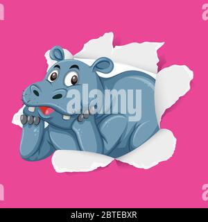 Background template design with wild hippo on pink paper illustration Stock Vector