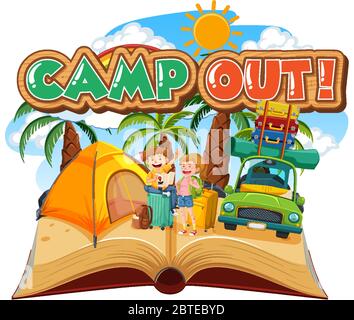 Font design for camp out with tent in the park illustration Stock Vector