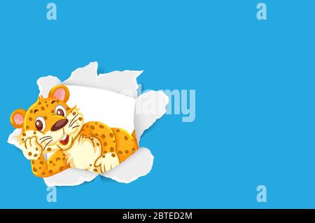 Background template design with wild tiger on blue paper illustration Stock Vector