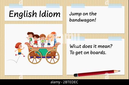 English idiom jump on the bandwagon template illustration Stock Vector