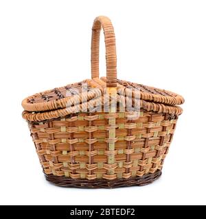 Willow empty picnic basket isolated on white background Stock Photo