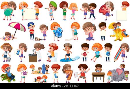 Large set of children doing different activities on white background illustration Stock Vector