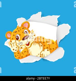 Background template design with wild tiger on blue paper illustration Stock Vector