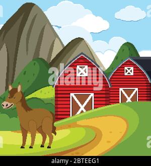 Farm scene with horse and red barns on the hills illustration Stock Vector