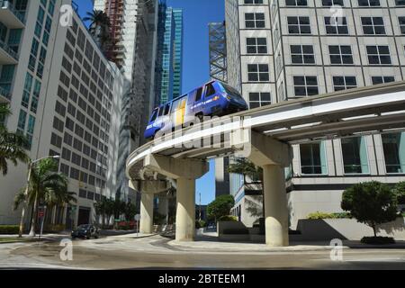 MIAMI, USA - MARCH 19, 2017 : Metromover train in Downtown Miami. Metromover is a free automatic transport system in Miami Stock Photo