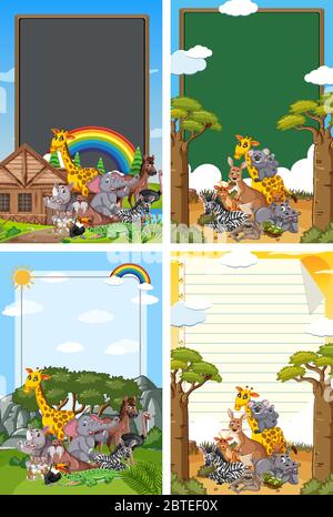 Border template design with many wild animals in background ...