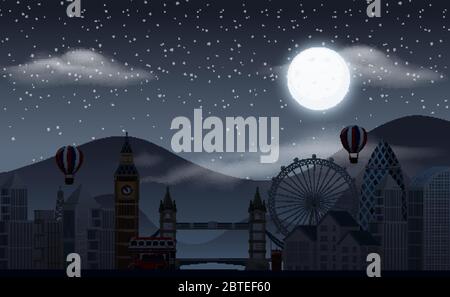 Background scene with dark sky over the amusement park illustration Stock Vector