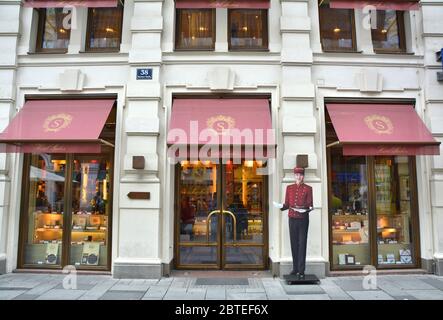 VIENNA, AUSTRIA - MAY 03, 2016 : Entrance to the Hotel Sacher cafe. Cafe Sacher is famous for its original chocolate Sacher Torte cake Stock Photo