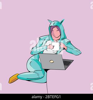 sketch of a young girl in a dressing gown sitting working at home on pink background Stock Vector