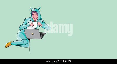 Panorama design of a young girl in a dressing gown sitting working at home on green background panoramic web banner Stock Vector