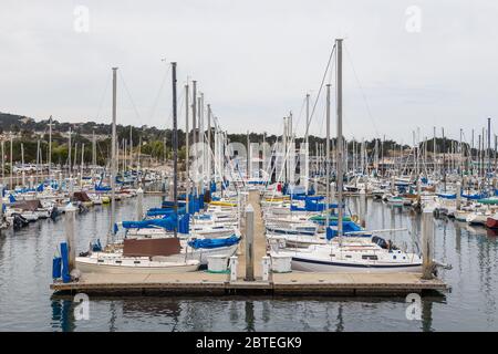 Monterey, California, USA - 09 June 2015: View of the Monterey Yacht Port. Exclusive yachts moored in the marina. Pacific Ocean Coast. Stock Photo