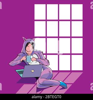 sketch of a young girl in a dressing gown sitting working at home with a large window behind him Stock Vector