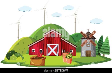 Farm with red barn and windmill scene illustration Stock Vector Image ...
