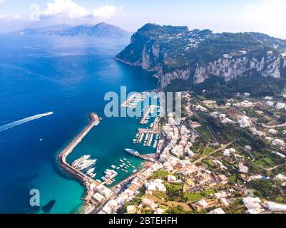 Aerial drone view of Capri island. Sunny summer day. Italy landscape Stock Photo