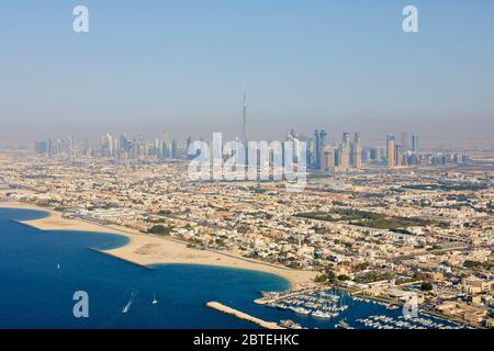 Aerial view of the city with the Burj Khalifa seen from the helicopter, Dubai, United Arab Emirates