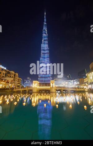 Burj Khalifa led illumination at dusk, Dubai, United Arab Emirates Stock Photo