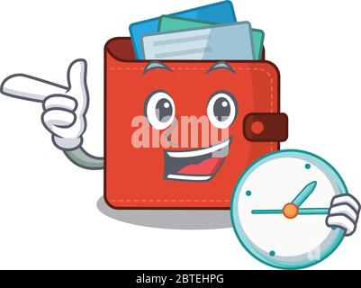 mascot design style of card wallet standing with holding a clock. Vector illustration Stock Vector