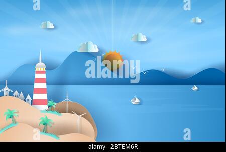 illustration of Island with lighthouse on sea view sunlight blue sky,Summer time season concept,Boat floating in the sea on blue sky.Graphic design Se Stock Vector