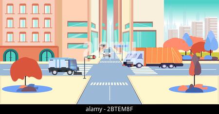 Vector of a downtown with street sweeper machines and garbage truck. City cleaning service concept Stock Vector