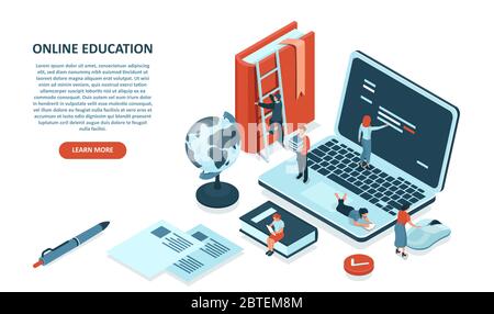 Online education concept. Vector of students learning via internet platforms, using digital webinars and libraries Stock Vector