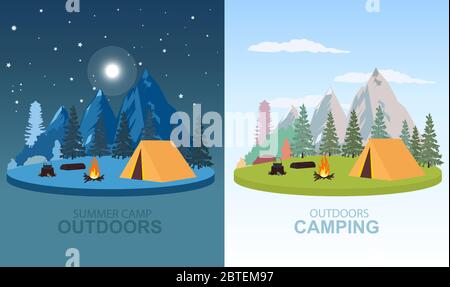 Vector of a camping site in the morning and night with mountains, trees background Stock Vector