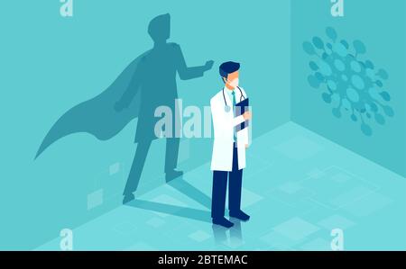 Vector of a brave doctor with a super hero shadow. Courage of a medical staff concept during crisis Stock Vector