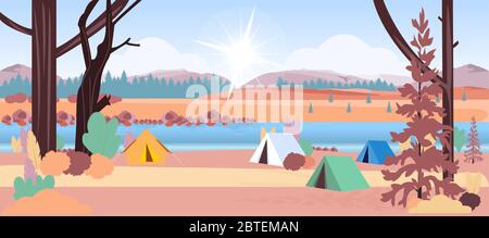 Vector of a forest with tents in a camping area by the lake with autumn landscape nature background with mountains. Stock Vector