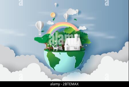 illustration of reindeer in green forest,Creative design world environment and earth day concept idea.landscape Wildlife with Deer in green nature pla Stock Vector
