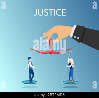 Gender equality concept. Vector judge hand holding balanced scales with a man and woman Stock Vector
