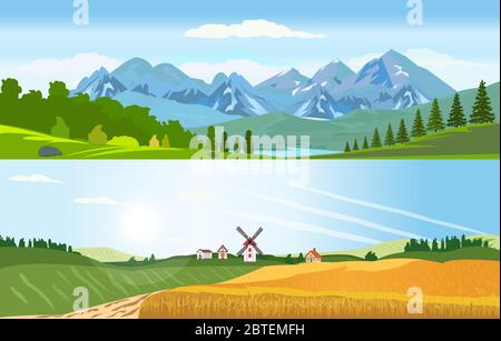 Vector of a rural scene with panoramic scenery of wheat land with windmill and a lake with mountains landscape Stock Vector