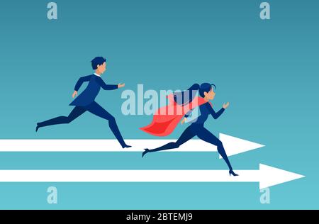 Vector of a super business woman winning a race with businessman Stock Vector