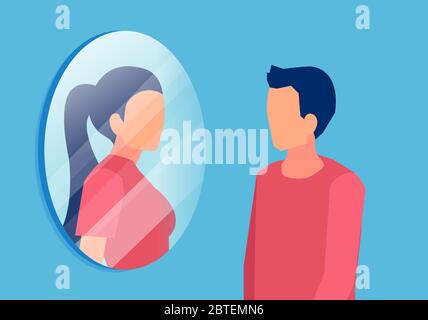 Transgender concept. Vector of a man looking in mirror and seeing himself as a woman Stock Vector