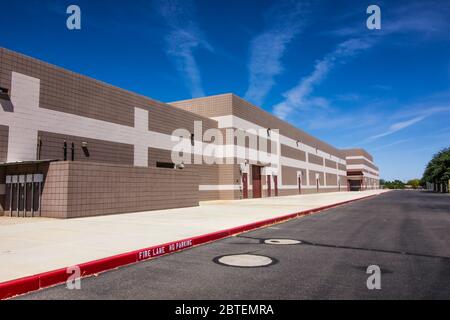 Rear Of Empty High School Building Due To Coronavirus Quarantine Stock Photo