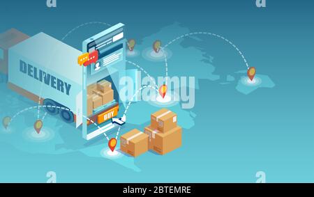 Online delivery. Vector concept of internet shopping and worldwide shipping logistics using modern technology app Stock Vector