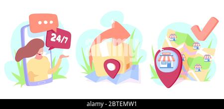 Online shop, delivery of products and customer support via modern technology concept Stock Vector