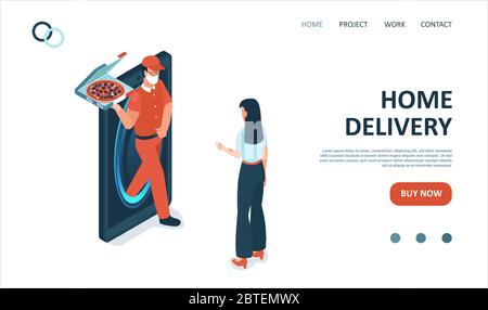 Vector landing page of express restaurant delivery service with courier in face mask delivering a pizza to a woman Stock Vector