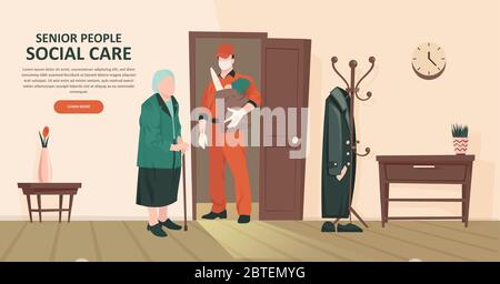 Vector of a young social worker delivering groceries to an elderly woman Stock Vector