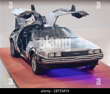 BARCELONA, SPAIN-APRIL 29, 2020: DMC-12 DeLorean fully restored 'Hero A' car from the Back to the Future trilogy Stock Photo
