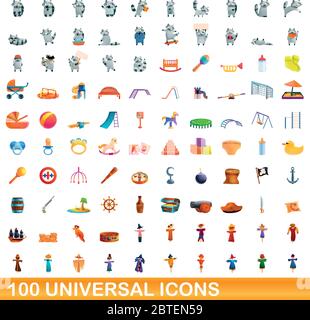 100 universal icons set. Cartoon illustration of 100 universal icons vector set isolated on white background Stock Vector