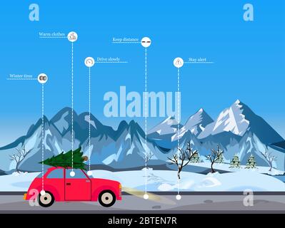 Winter driving tips concept. Vector of red retro car driving in snowy mountains on Christmas season Stock Vector