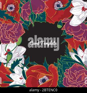 Square card template with hand drawn colorful crocus, rose, poppy flowers frame. On black background. Vector Stock Vector