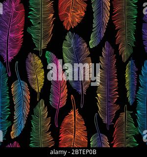 Seamless pattern of rainbow feathers .Vector illustration of tribal style on black. Stock Vector