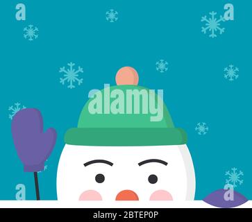 Concept christmas and winter. Half head of snowman welcomes with a hand in a mitten. Snowflakes fly on the blue background Stock Vector
