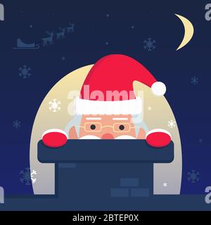 Santa Claus at night crawls out of the pipe. On the background silhouettes of sleigh with deers Stock Vector