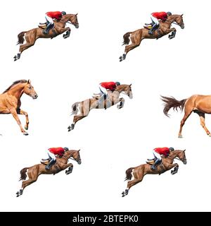Seamless pattern photo red galloped horse creative illustration - photo isolation on white. Stock Photo