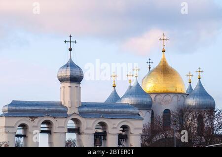 Veliky Novgorod, Russia. St Sophia cathedral and its bell tower, closeup of Veliky Novgorod Russia landmarks Stock Photo