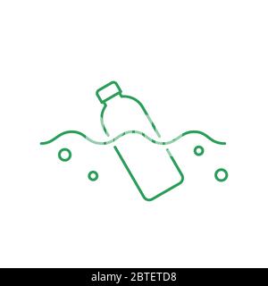 Bottle floats in an ocean or a river. Thin line icon. Plastic pollution concept. Environmental problem, microplastics in water. Green outline on white Stock Vector